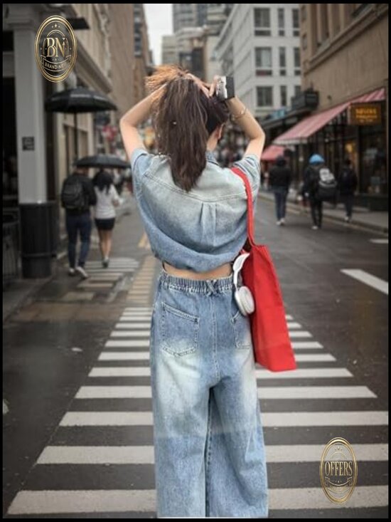 Denim Jumpsuit Short Sleeve Button Down Wide Leg Palazzo Pants Romper - Picture 5 of 7